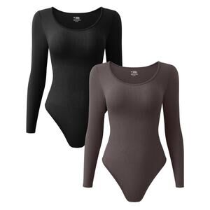 TOB Womens 2 Piece Bodysuits Sexy Ribbed Long Sleeve Round Neck Stretch Large